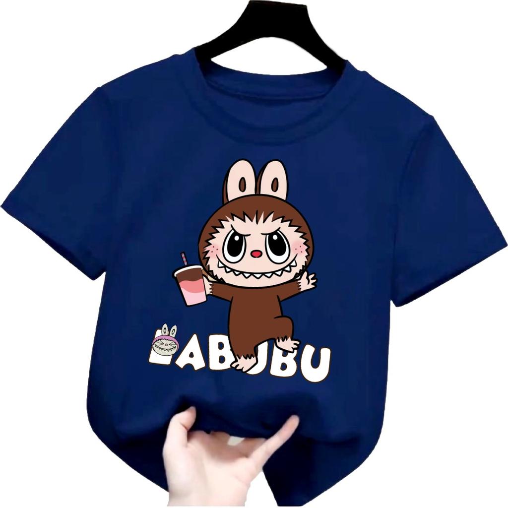 2025 Новая детская футболка Labubu LABUBU с рисунком молочного чая для девочки, с круглым вырезом, с коротким рукавом, повседневная, универсальная одежда