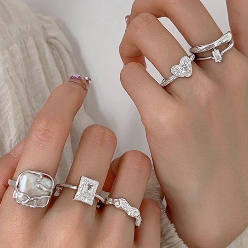European & American Metal Texture Ring Set: Smooth, Exaggerated Geometric Open Rings for Women