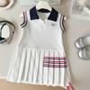 2025 Girls' Summer Sleeveless Dress: POLO Collar, College Style, Pleated Vest Skirt