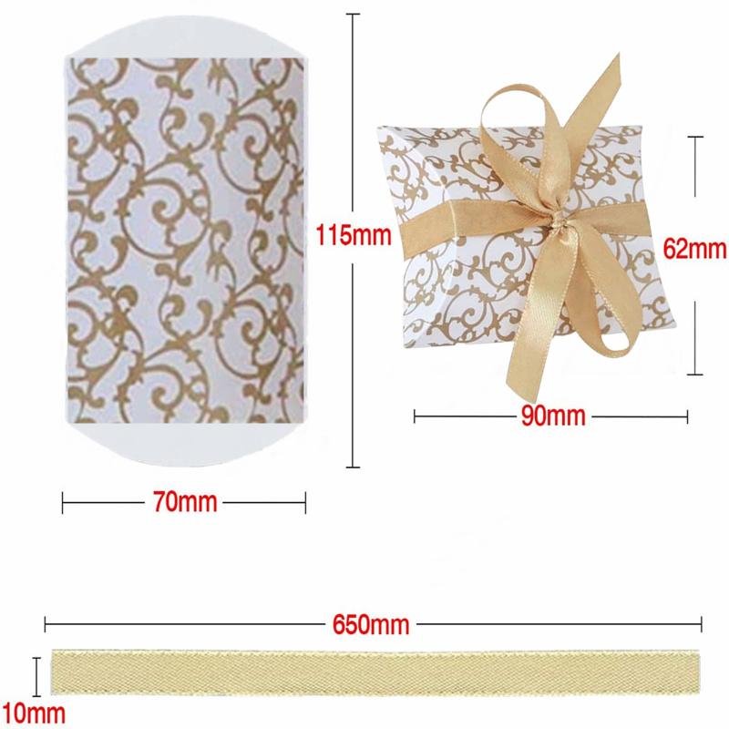 50 шт., коробка конфет в форме подушки с лентой, достаточно места для свадебных сувениров, ювелирных закусок