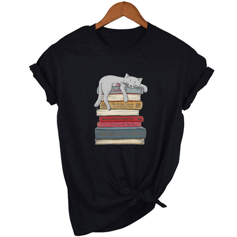 Женские футболки с принтом "Спящий кот и книга" Harajuku Летние с коротким рукавом Streetwear Tumblr Женские