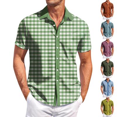 Мужская повседневная рубашка с короткими рукавами, приталенная, модная, с принтом в клетку