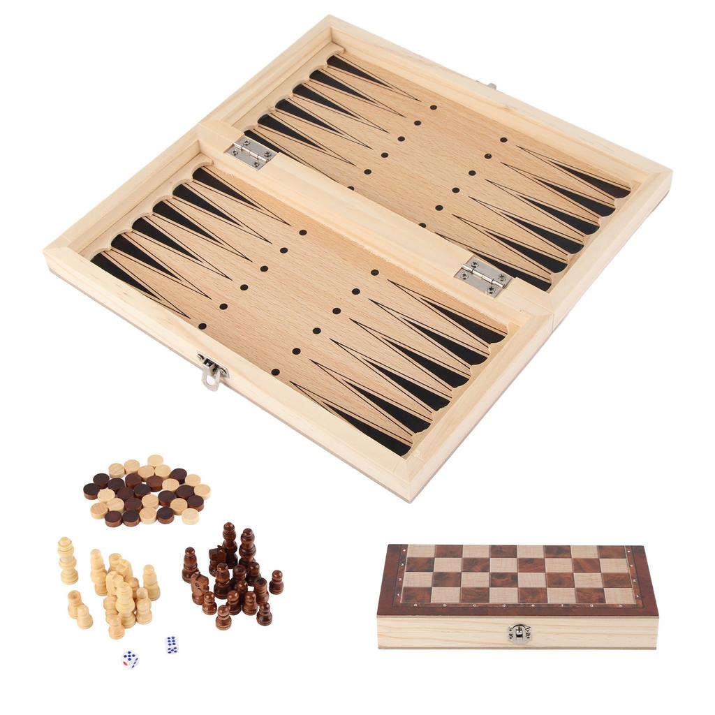 3 In 1 Chess Board Game Set Intellectual Growth Chess Checkers Set for Family Friends Wood 24 X