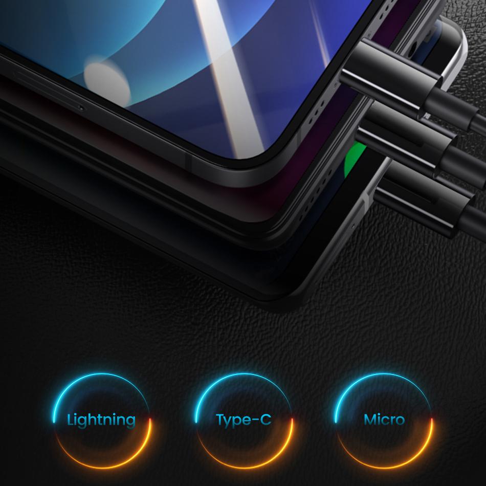 USAMS 3.4A Автомобильное зарядное устройство со светодиодным цифровым дисплеем и кабелем 3 в 1, зарядное устройство для телефона с двумя USB-портами для iPhone iPad, Xiaomi, Huawei, Samsung, планшета