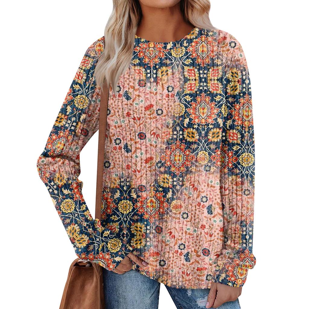 Women's Winter Color-Block Printed Lightweight Brushed-Cotton Round Neck Top