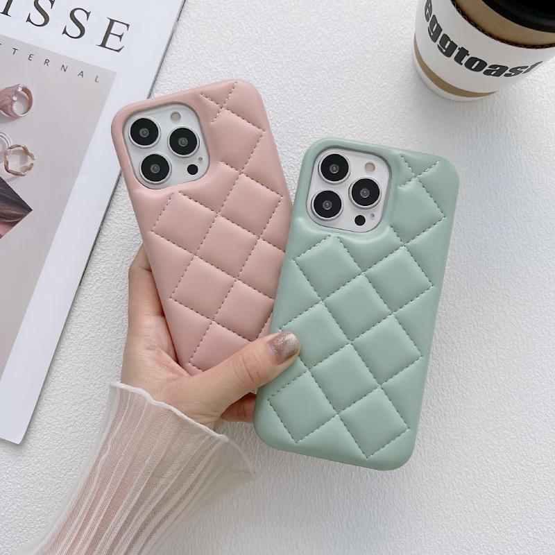 Luxury Solid Color Leather Rhombus Up and Down Not Bordered Phone Case For iPhone 16 Pro Max 14 11 12 13 15 Pro Max Bumper Cover