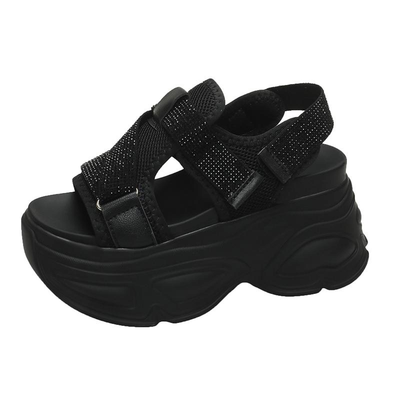 8.5CM Platform Sandals Women Bling Wedge High Heels Summer Rhinestone Hook Loop Chunky Sandalias Beach Slippers Zapatos Mujer