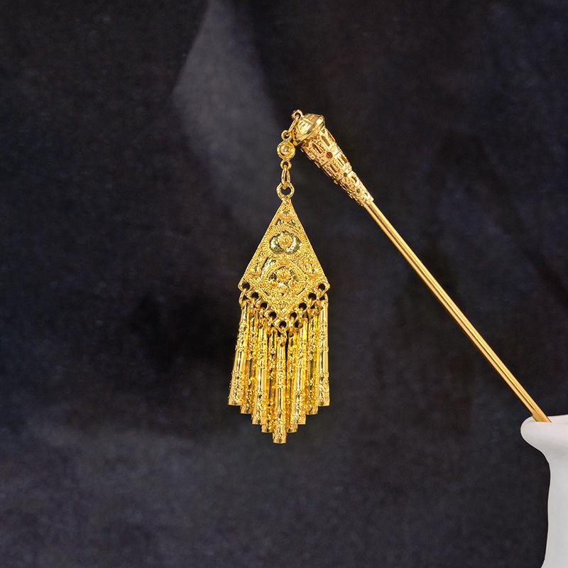 Hollow Geometric Tassel Hairpin for Women - Ethnic Style with Water Drop Leaf Round Design, Hanfu Accessory