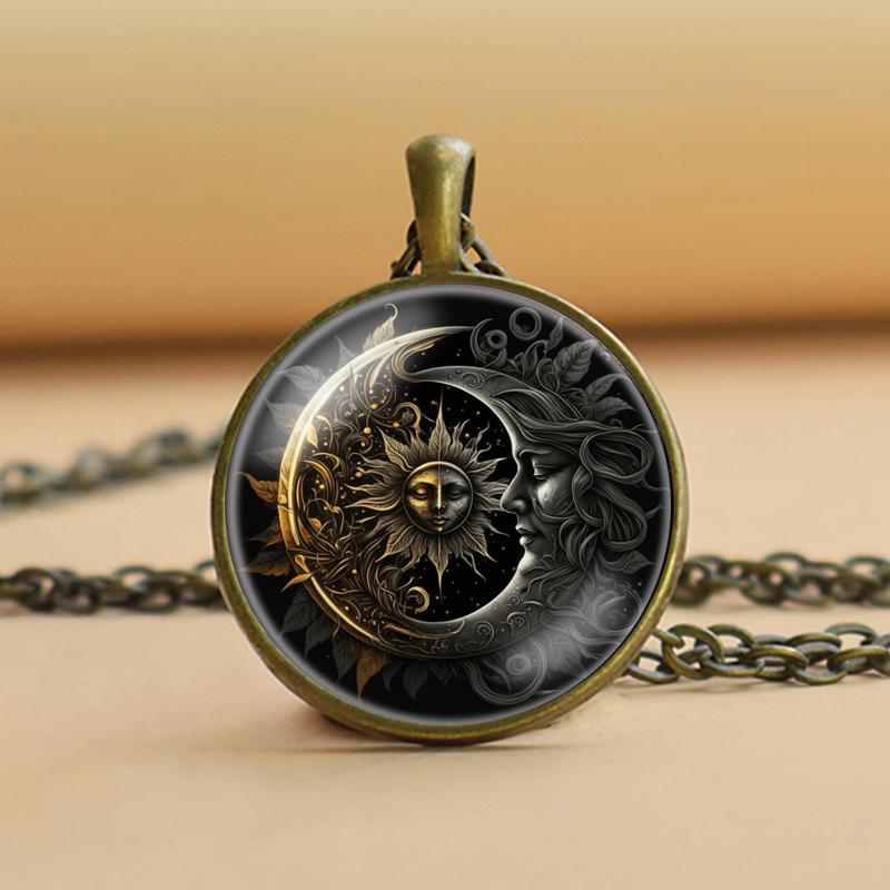 Moon and Sun Glass Cabochon Pendant, Moon and Sun Necklace, Moon Sun Jewelry for Women