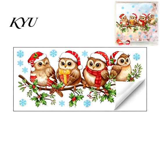 PVC Window Decorations 1/2 Sheets Christmas Cartoon Owl Cling, Standing on Branch Bird Holiday Glass Decals Static Sticker, Removable Waterproof
