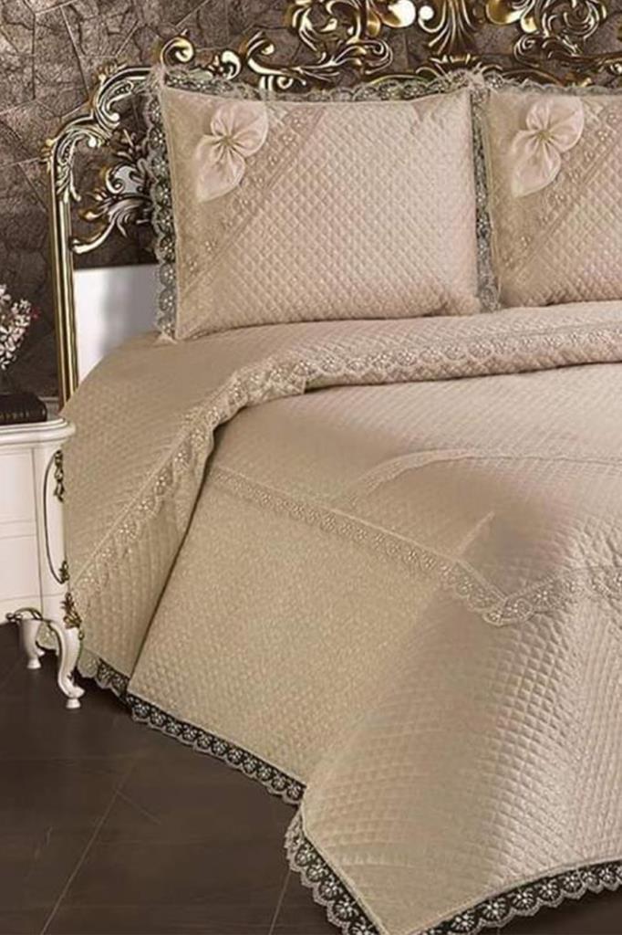 Poppy Quilted Bedding Set 3 Pcs, Coverlet Set 240x260 Pillowcase 50x70 Double Size Cappucino