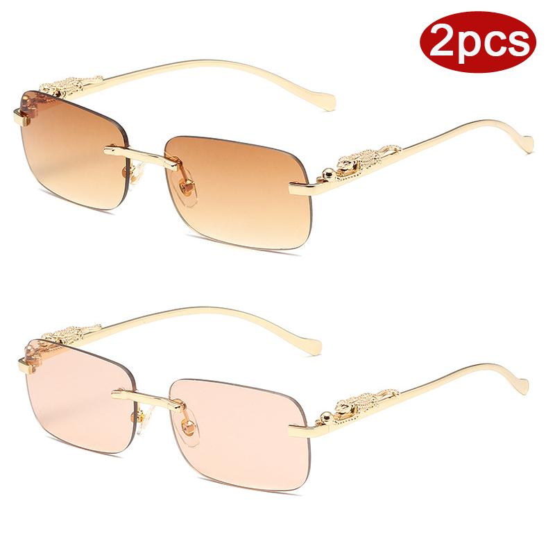 2Pcs Fashion Rimless Metal Square Sunglasses Women Leopard Decoration Sun Glasses Outdoor Colorful Lens Shades Female Uv400