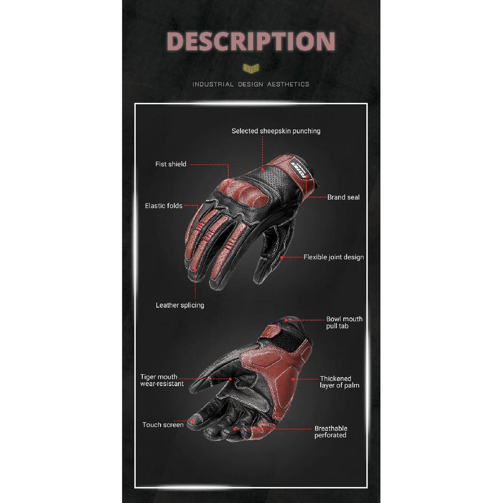Vintage Leather Motorcycle Gloves Breathable Perforated Design Touchscreen Compatible Men Riding Gloves for Cafe Racer Cruiser