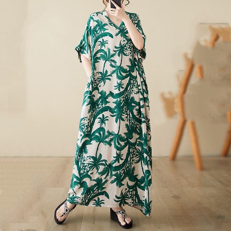 Новое хлопковое атласное платье с коротким рукавом больших размеров в винтажном цветочном стиле для женщин, повседневное свободное длинное летнее платье макси