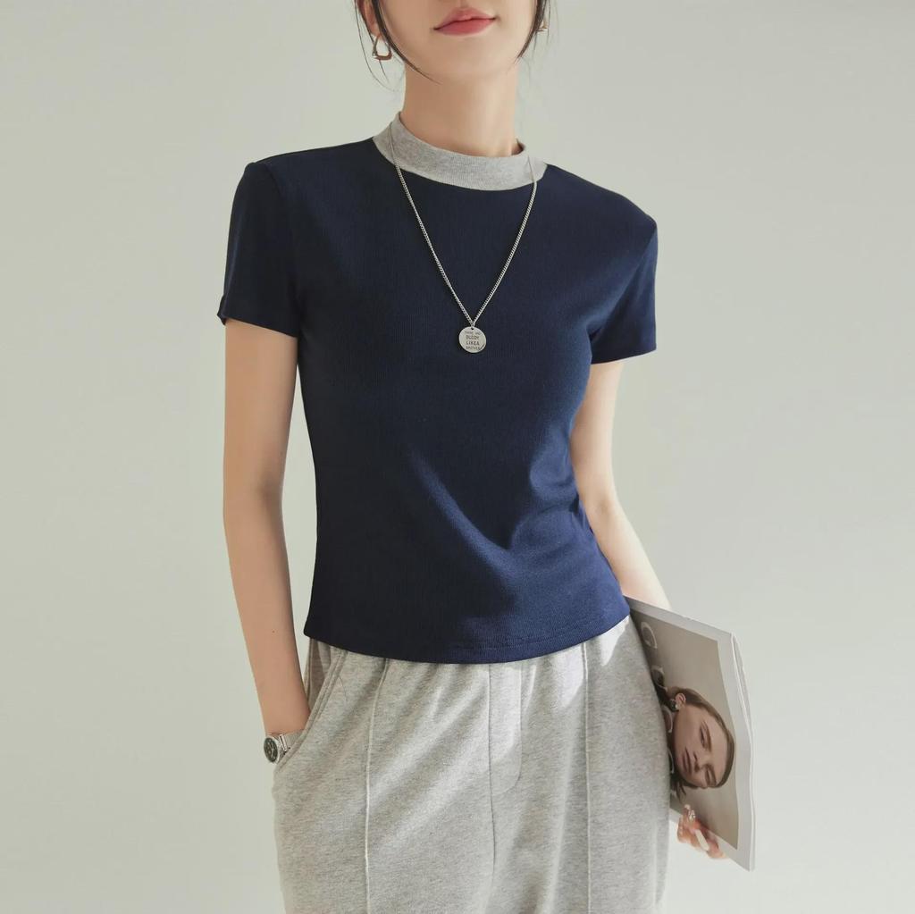 Chic French Style Slim Fit Short-Sleeve T-Shirt for Women - High Elastic, Cool Touch, Round Neck, Spring/Summer 2025