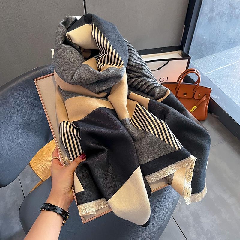Корейская версия зимнего женского шарфа с геометрическим рисунком, модная двусторонняя утолщенная теплая студенческая шаль