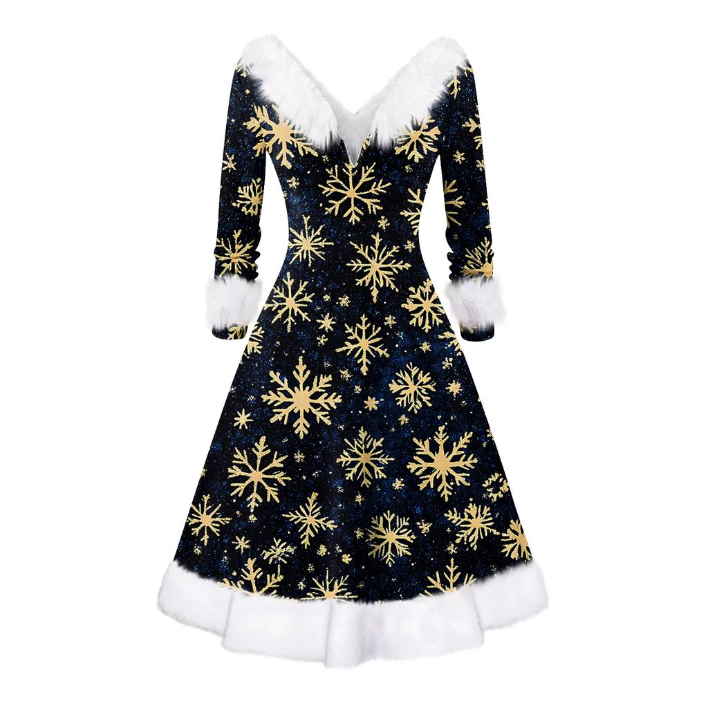 Женское модное повседневное платье с v-образным вырезом и рождественским принтом для вечеринки с длинными рукавами