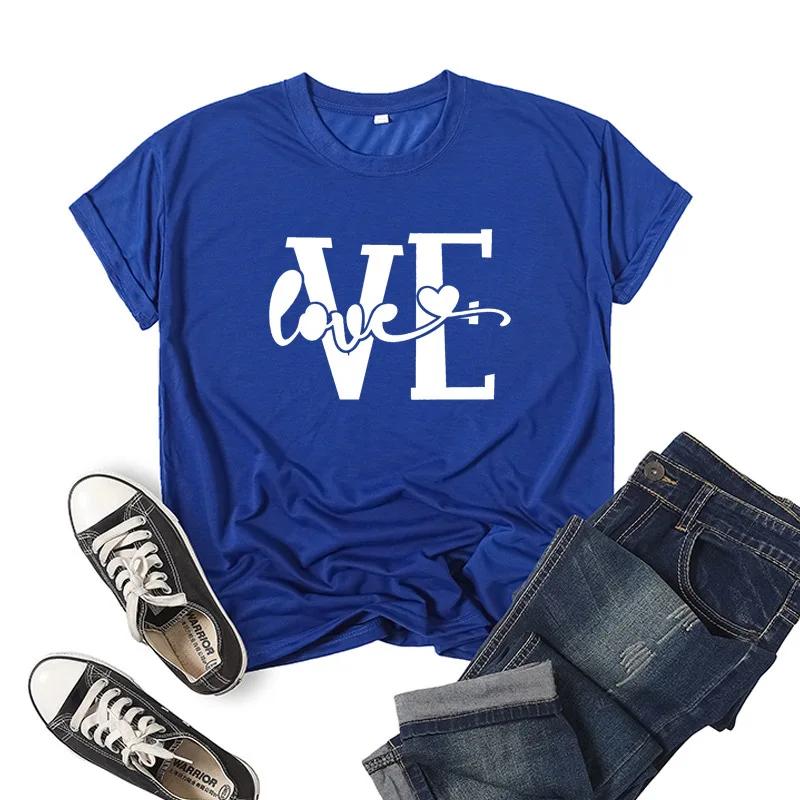 Splicing LOVE Heart Print Парная футболка с коротким рукавом и круглым вырезом, свободная футболка King Queen, футболка для любителей моды, топы, одежда