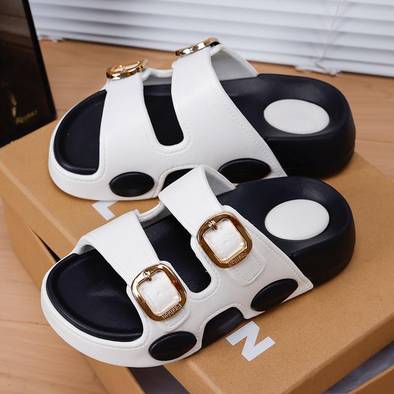 New Two-tone Double Buckle Strap Women Slides Non-slip Thick EVA Platform Casual Indoor Outdoor Slippers