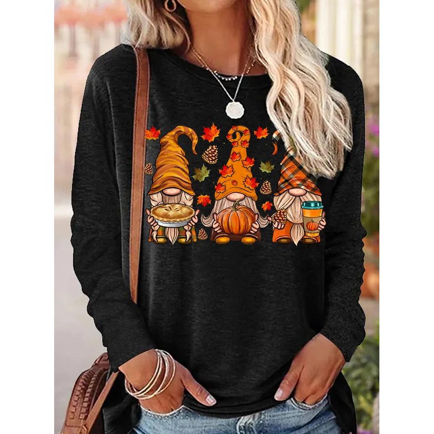Футболки с длинными рукавами и забавным принтом для женщин, модный повседневный пуловер, осенние гномы, осенние повседневные топы в стиле Харадзюку с тыквой и принтом на День благодарения