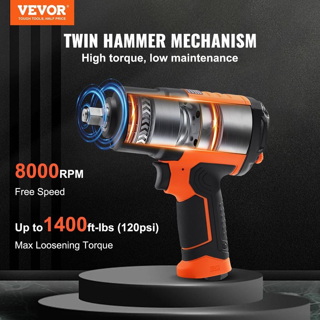1/2-Inch Air Impact Wrench, High Torque Up to 1400 ft-lbs, Lightweight 4.6 lb Design Pneumatic Impact Gun with 11-PCS 1/2-Inch Drive CR-V Steel Impact