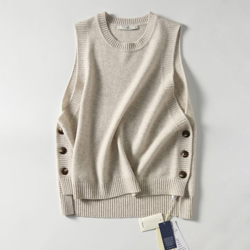 Свитер с круглым вырезом, жилеты, женские элегантные свободные вязаные свитера без рукавов, универсальные стильные популярные однотонные свитера с боковыми пуговицами