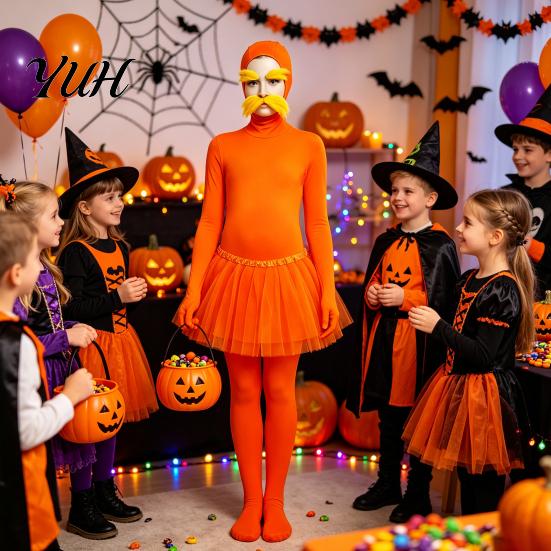 Full Coverage Suits Orange Bodysuit, with Tulle Skirt, Fake Belly, Yellow Mustache & Eyebrows, Halloween Cosplay Jumpsuit Open Face Zentai Suit,