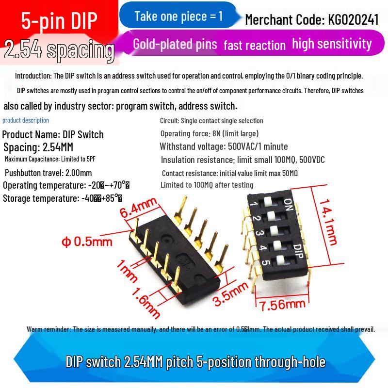 SMD DIP Switch, Flat Toggle, 2P 4-10 Positions, 2.54mm, Red/Blue/Black