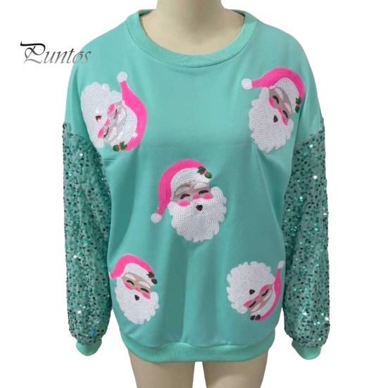 Women Christmas Sweatshirt Sequin Cartoon Pattern Round Neck Long Sleeve Loose Mid Length Pullover Party Holiday Top