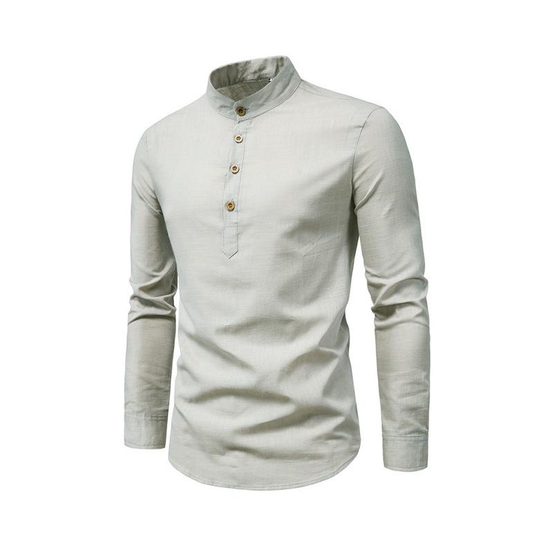 Весенне-осенняя мода Slim Fit Однотонная с длинным рукавом Мужская одежда Деловая Стойка воротник Хлопок Лен Универсальные Шикарные рубашки