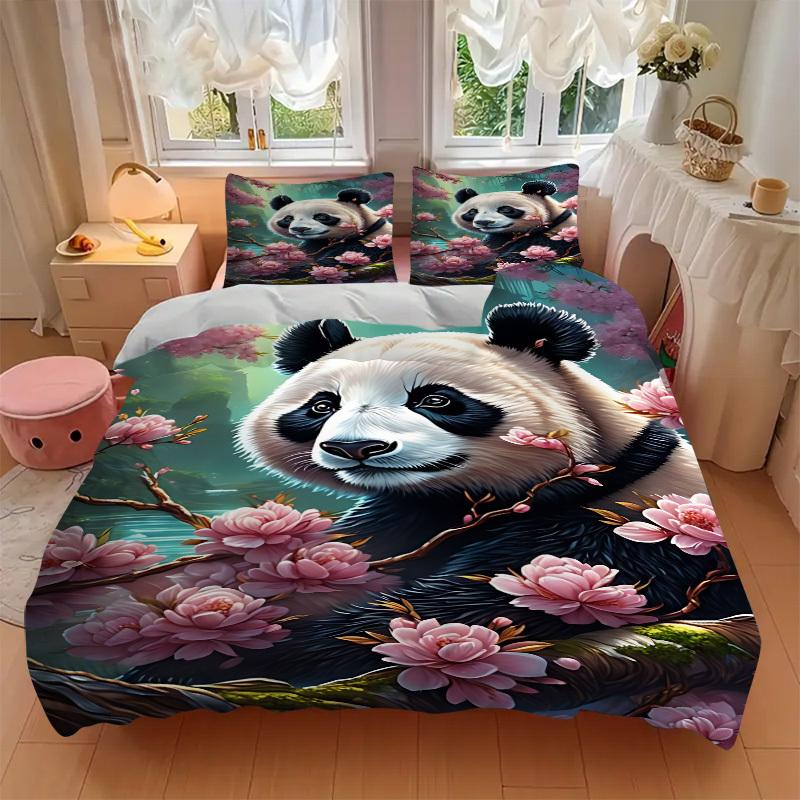 3pcs Panda, Cherry Blossom Duvet Cover Set -Includes 1 Duvet Cover and 2 Pillowcases, No Quilt Core, All-Season Home Decor yy251111198