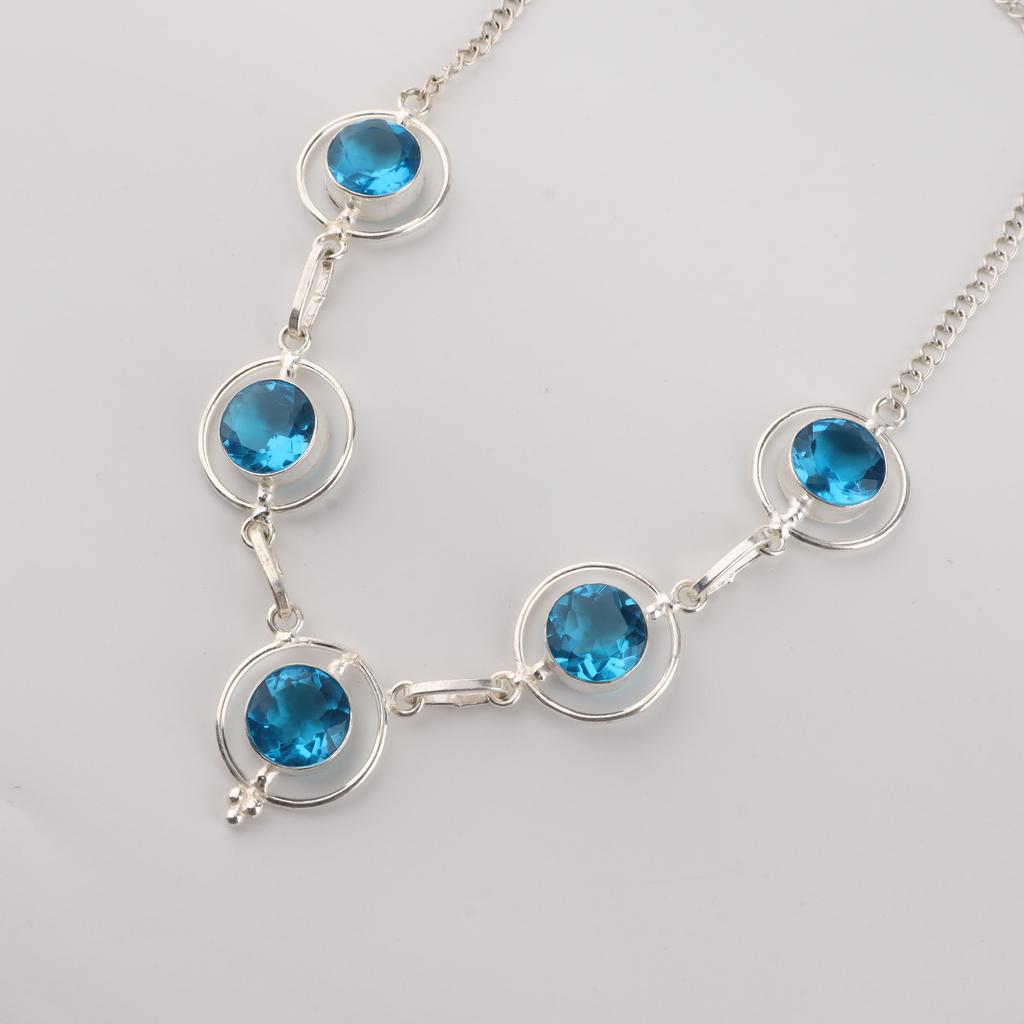 Серебряное колье с драгоценным камнем швейцарским голубым топазом, колье из стерлингового серебра 925 пробы с топазом, женское колье ручной работы с голубым топазом RN-2-4