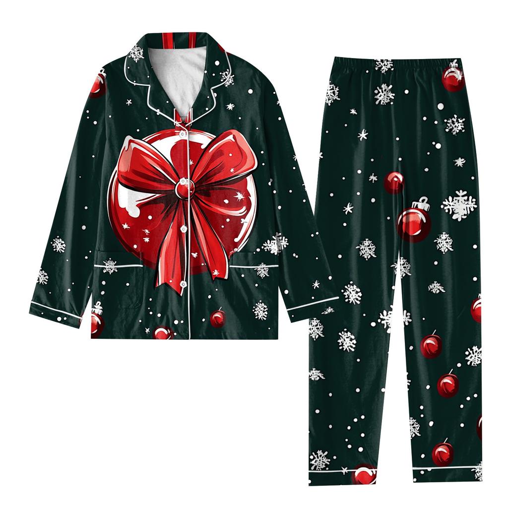 Child 2 Piece Christmas Day Printed Suit Long Sleeve Button Up Top Wide Leg Pants Suit Set Pajamas Home Casual Suit