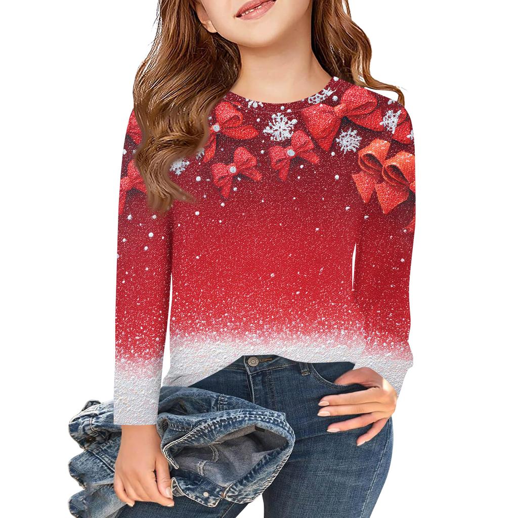 Рождественские футболки с длинным рукавом для девочек, детские осенние топы с круглым вырезом и принтом, базовые футболки