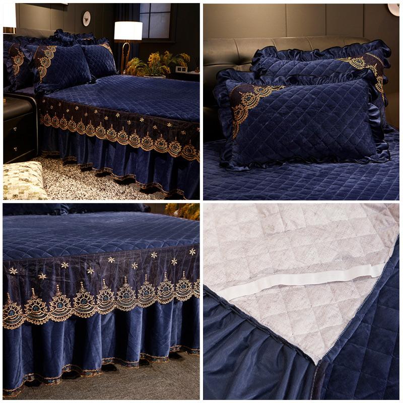 Европейский роскошный бархатный комплект покрывал, кружевная юбка с рюшами, покрывало для односпальной двуспальной кровати, стеганая толстая простыня King Queen, 3 шт.