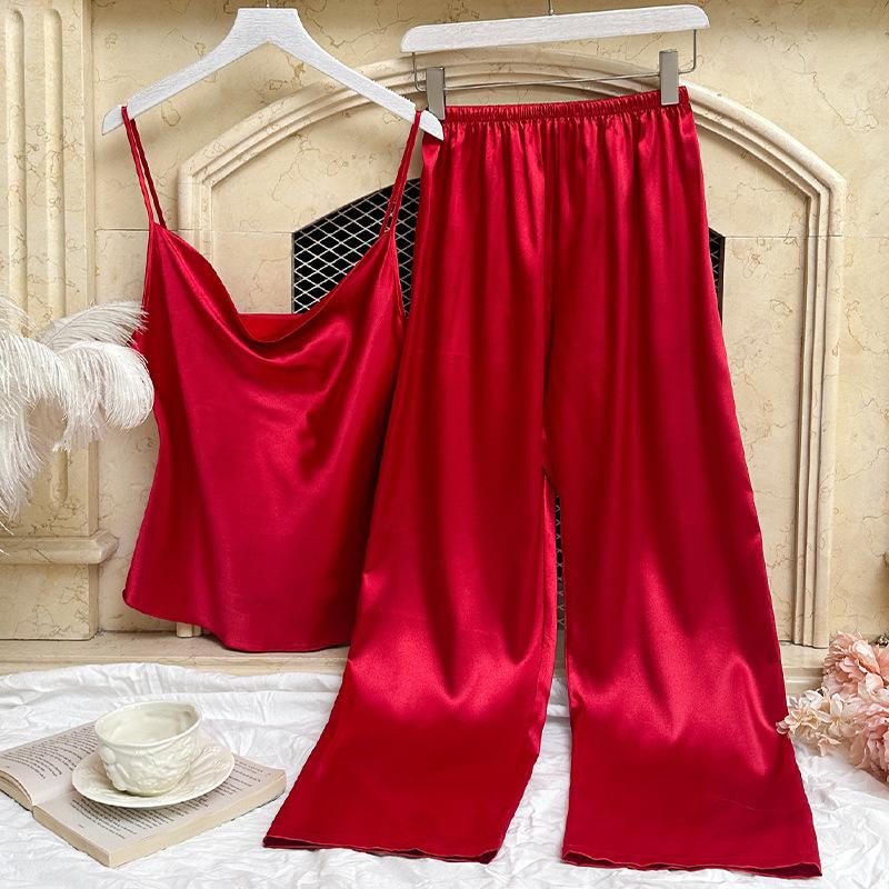 Пижама весна и лето подтяжки длинные брюки костюм мода сексуальный тонкий срез имитация шелка домашняя одежда
