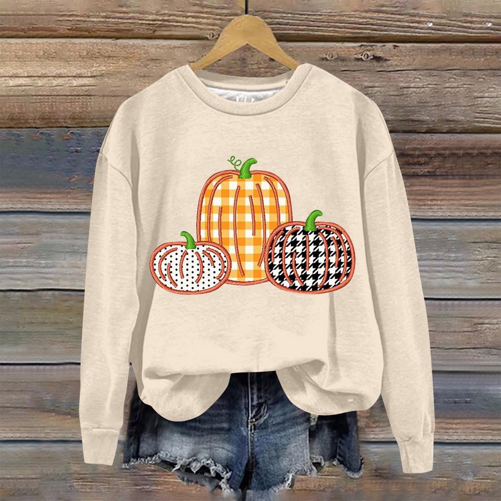 Женская мода Хэллоуин с длинным рукавом с принтом Свободная толстовка с круглым вырезом Топ