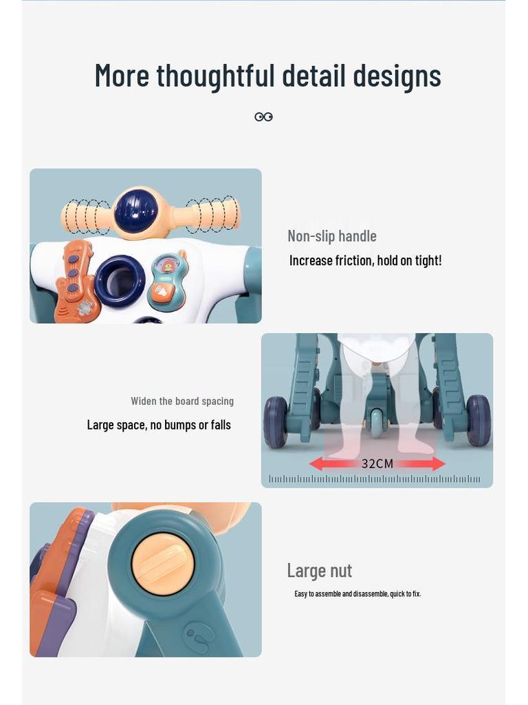 Регулируемая 3-в-1 детская ходунка и игрушка-коляска для толкания для детей в возрасте 0-3 лет