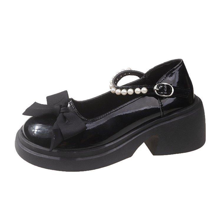 Туфли Мэри Джейн женские, осень 2025 года, новые модные туфли с бантом на платформе и толстом каблуке, маленькие кожаные туфли с жемчугом