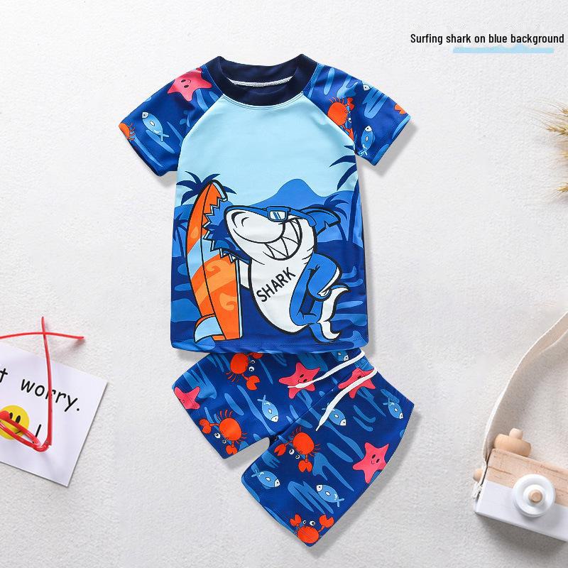 Комплект детского синего купальника с мультяшным акуленком, защитой от УФ-лучей и шапочкой для плавания