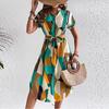 Women Summer Casual Bandage Color Block Short Sleeve Lepal Holiday Style One Piece Dress