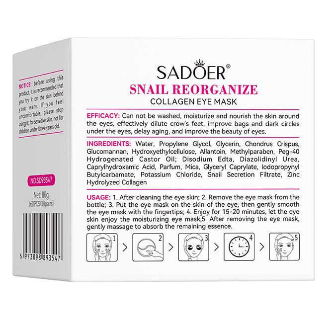 SADOER Snail Restructuring Collagen Eye Mask Улучшает сухость кожи вокруг глаз Маска-патч