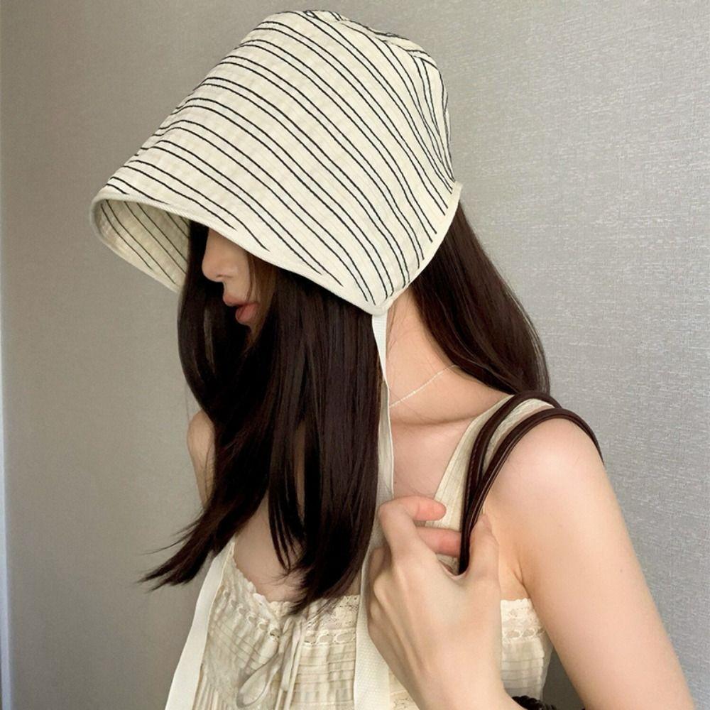 Solid Color Women Striped Fisherman Hat Ribbon Sunshade Hat Casual Bucket Hat Beach