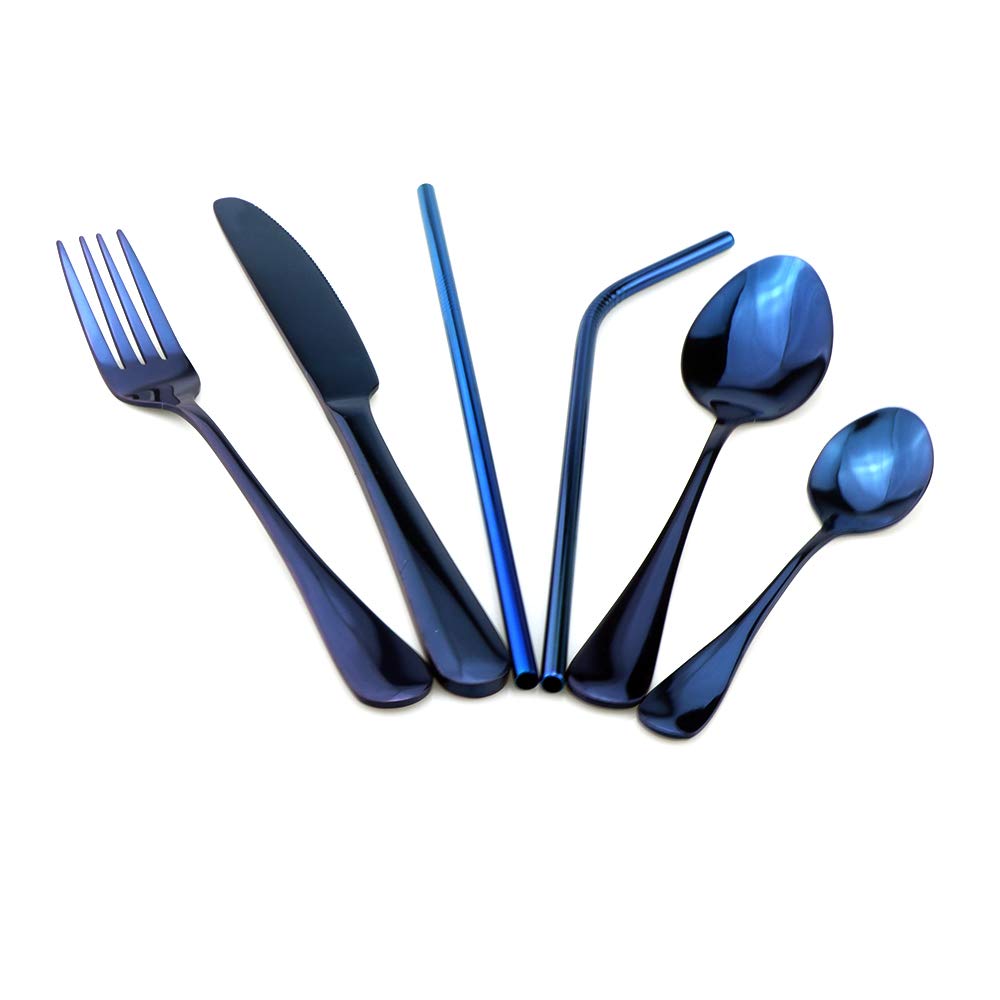 Набор столовых приборов для путешествий, многоразовый глянцевый синий набор столовых приборов из нержавеющей стали 18/8, столовая посуда, набор посуды, вилка, чайная ложка с металлическими соломинками, черный мешочек
