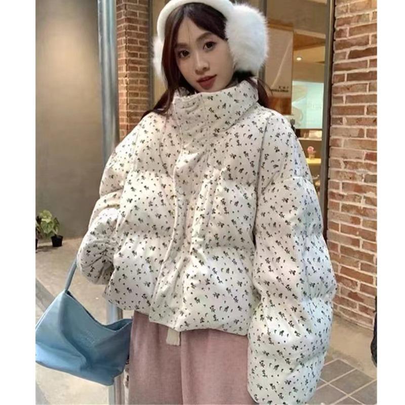 Fresh Floral Short Down Cotton Jacket, Winter New Style, Korean College Style, Thick and Warm Cotton Jacket, Outerwear