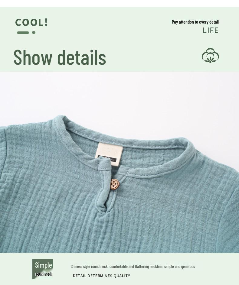 Детский летний комплект шорты и топ из хлопка и льна - Детская двухслойная марля, Свободный костюм-двойка в китайском стиле