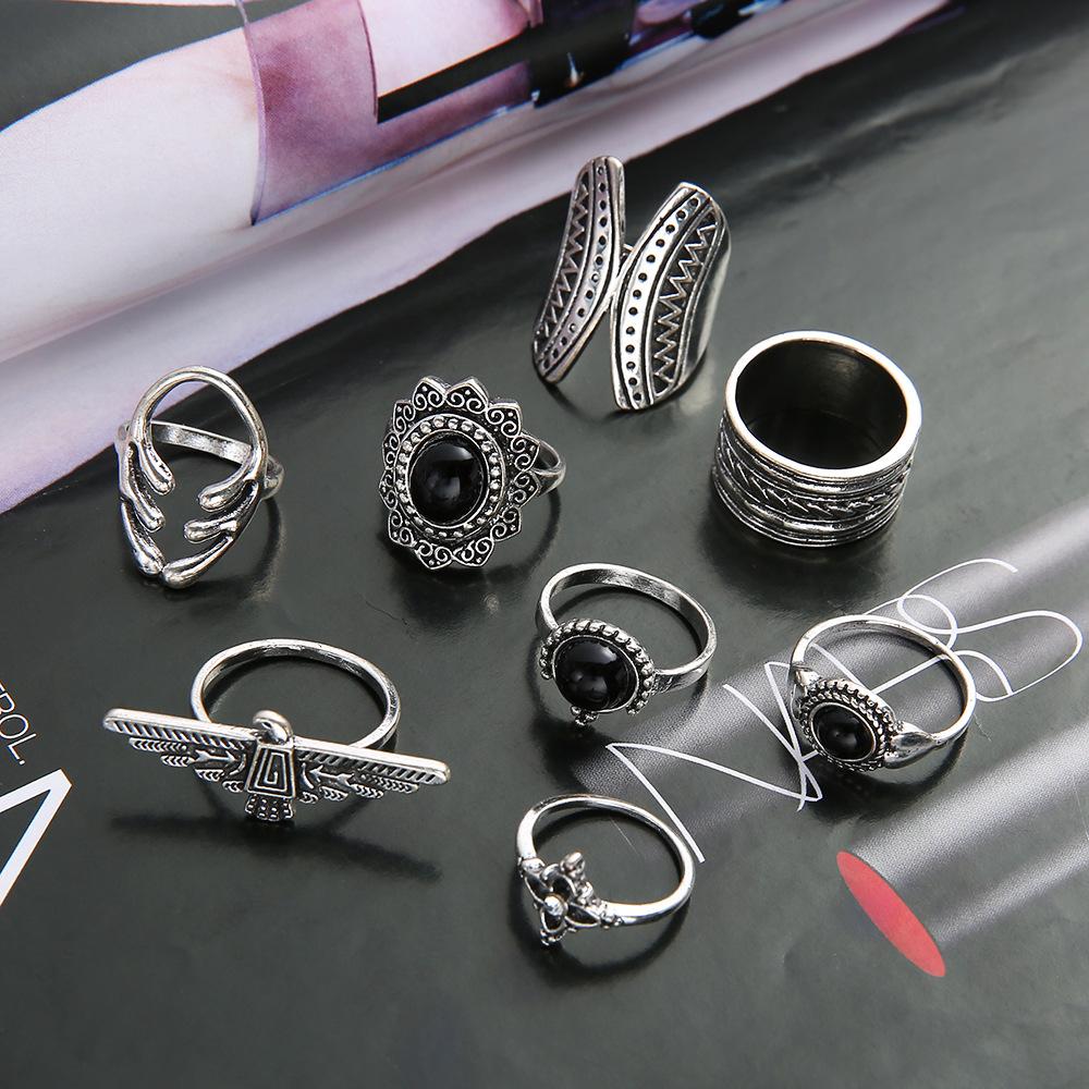 Новое кольцо, трендовое индивидуальное кольцо с черным драгоценным камнем, бабочкой, орлиным рогом и цветком, 8 комплектов