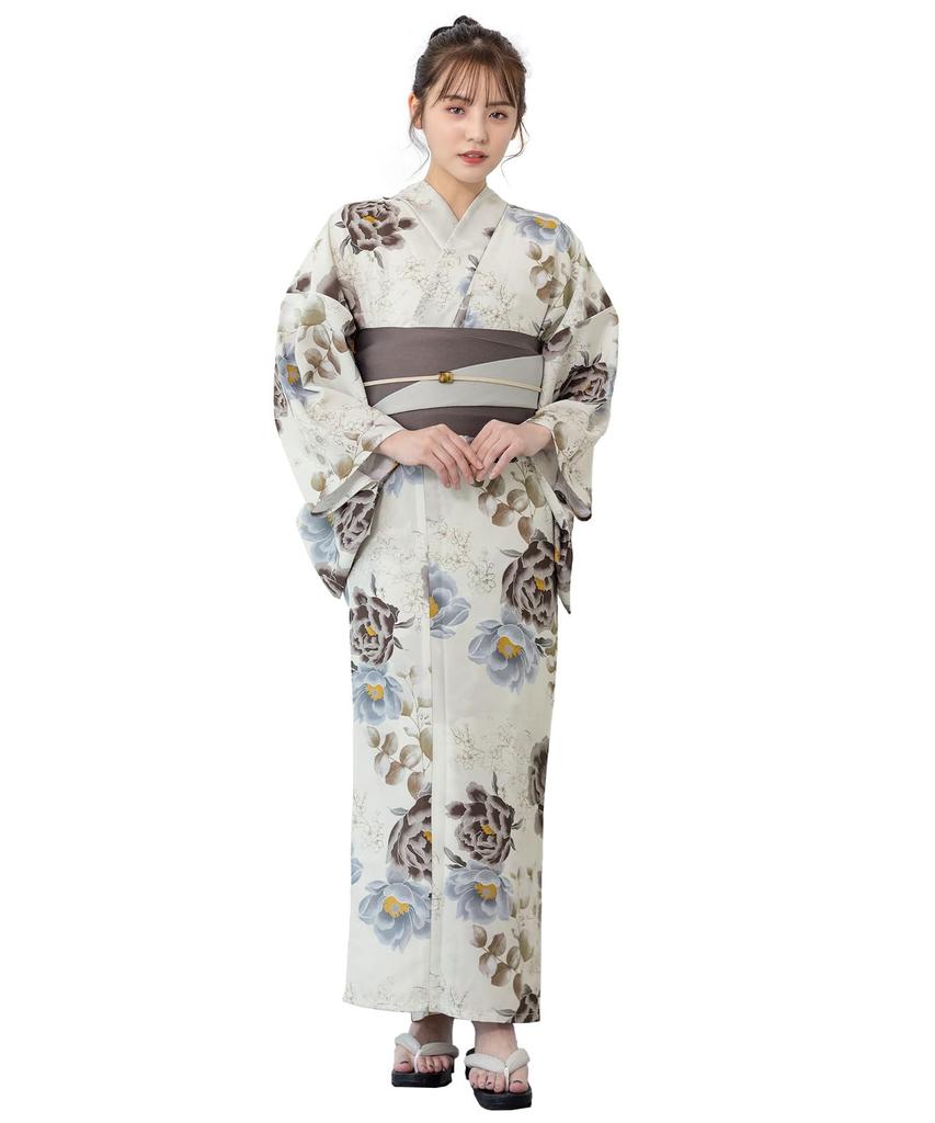 SOUBIEN Floro Yukata Set One Size Fits Walnut with Sky and Gray Pattern Women's 3-Piece (Yukata, Half-Width Obi, Geta) All, (ykt10246-obh10005)