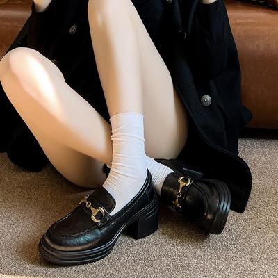 Женские туфли на толстой подошве с пряжкой для верховой езды, маленькие кожаные туфли, женские туфли на толстом каблуке, каблук, черный, туфли-лодочки для通勤