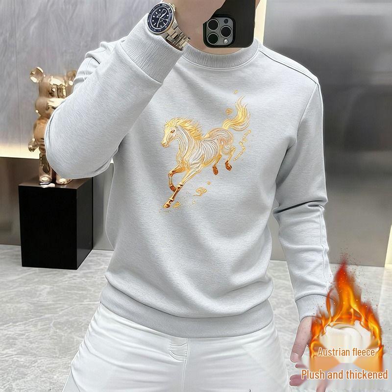 Men's Korean Style Year of the Horse Red Coral Fleece Hoodie, Thickened, Loose Fit, Pure Cotton, Round Neck, Autumn/Winter